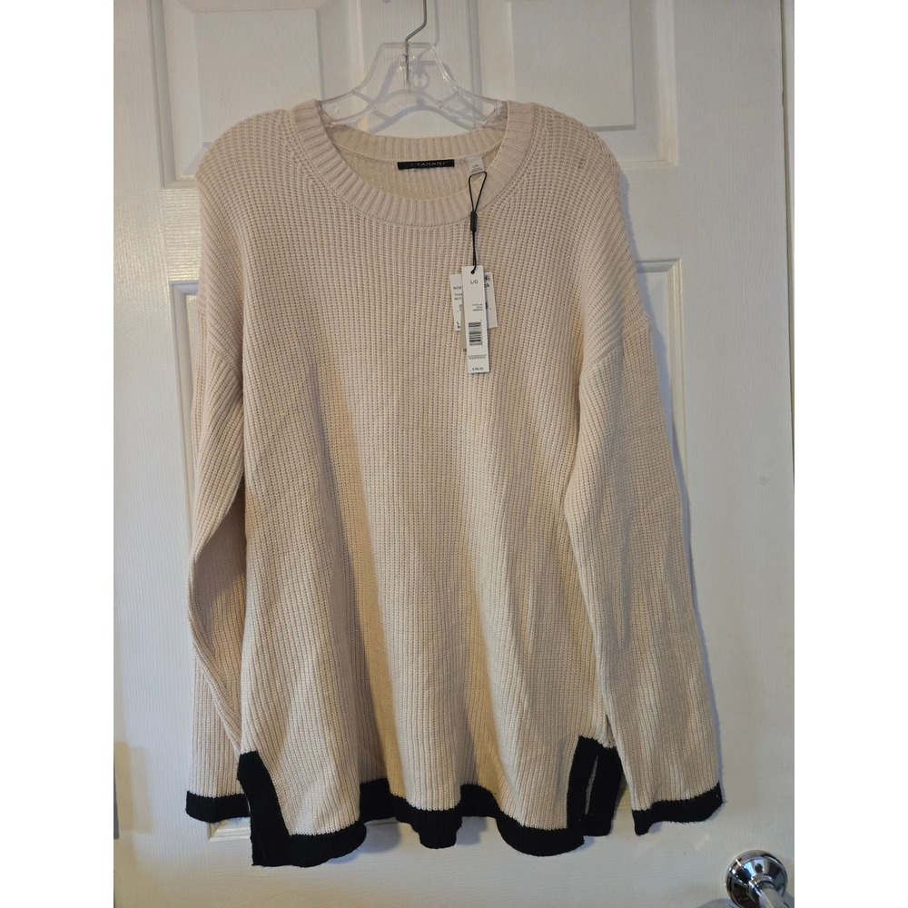 T Tahari Women Cream Knit Long Sleeve‎ Crew Neck Sweater Size L